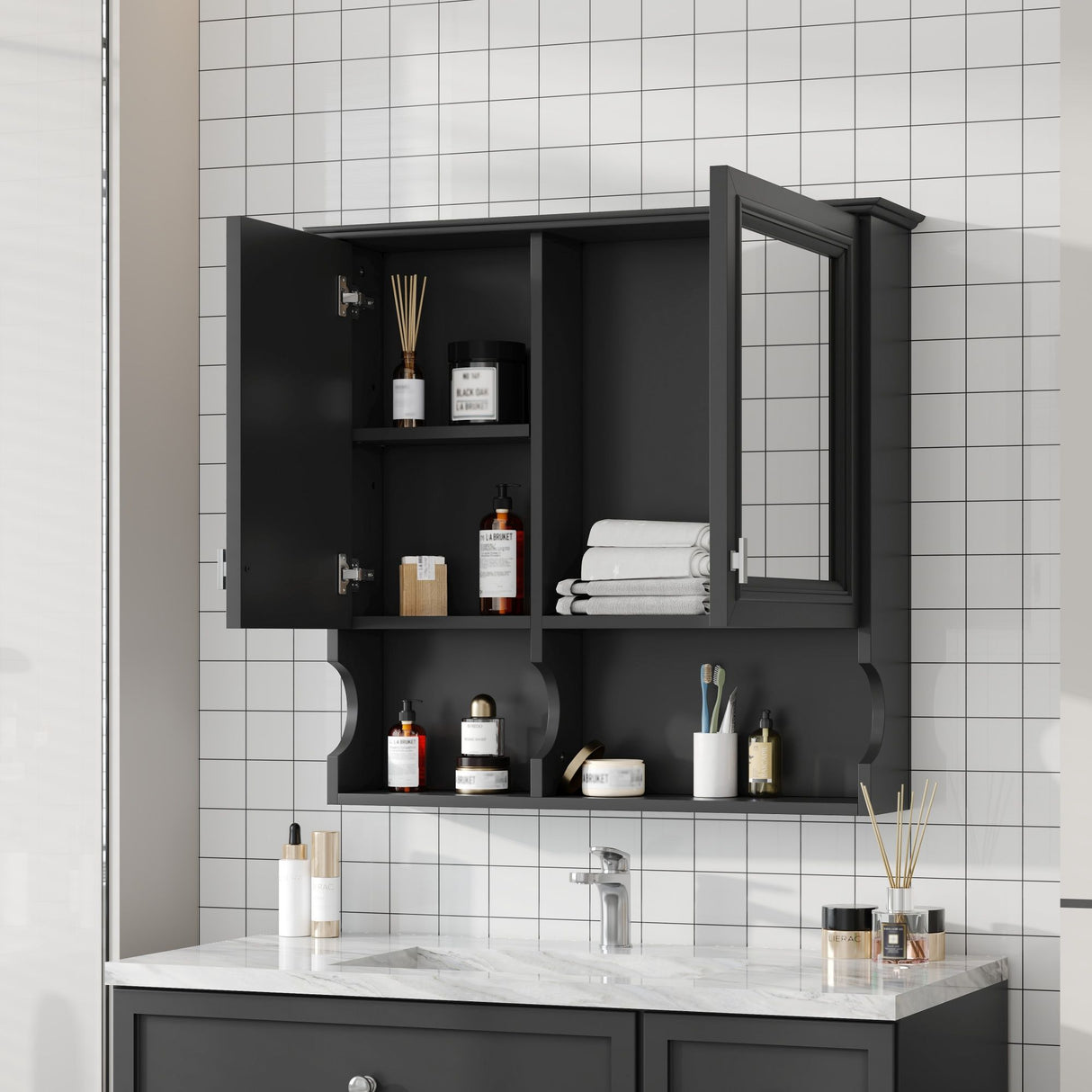 Wall Mounted Mirror Medicine Cabinet, Bathroom Storage With Doors And Open Shelves