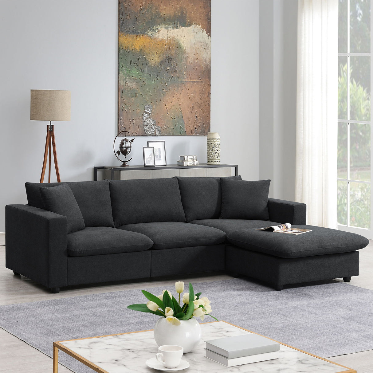Modern Sectional Sofa With Throw Pillows, Cloud L Shaped Couch Set With Wide 4 Seat Comfy Couch Set With Movable Ottoman