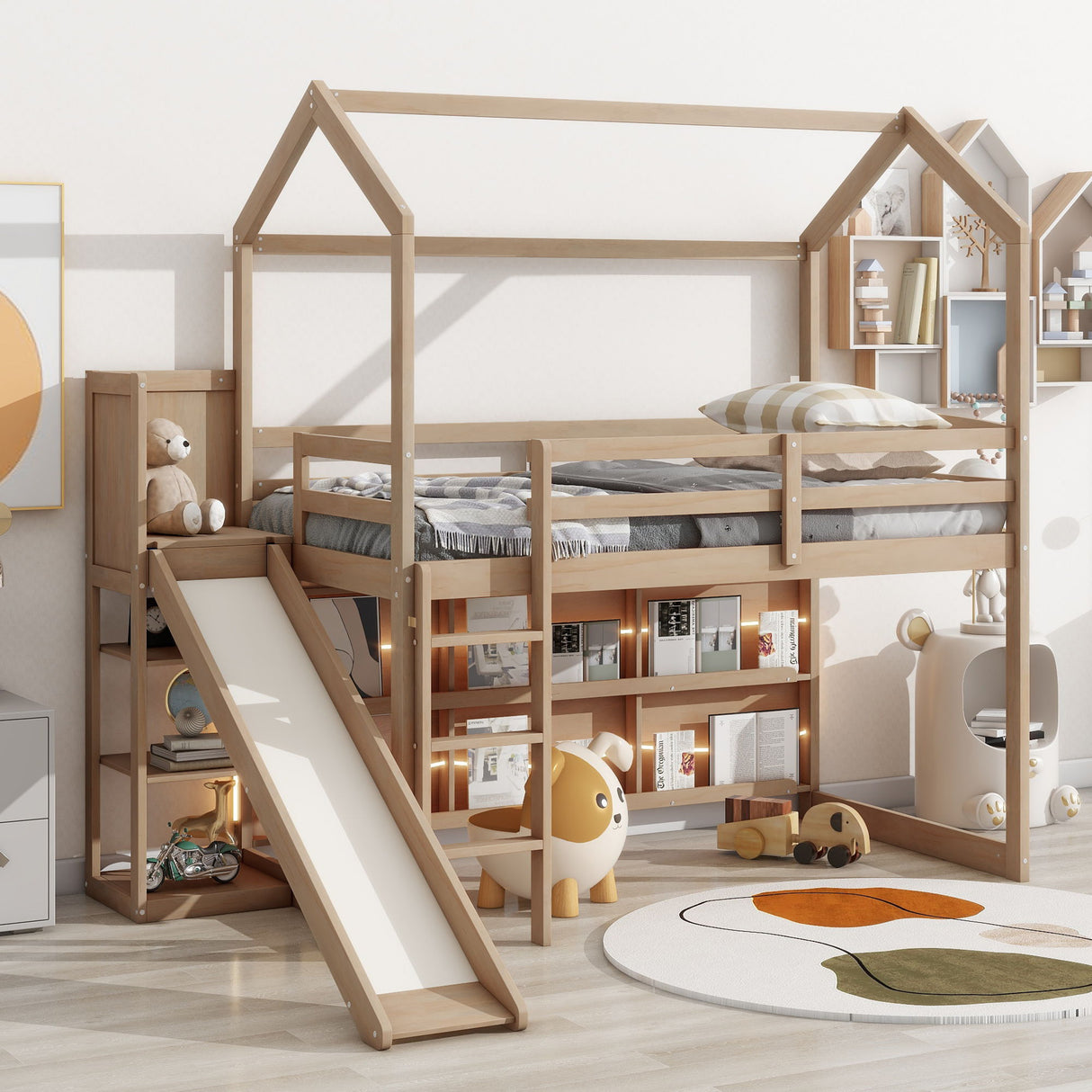 House Loft Bed With Slide, Storage Shelves And Light, Climbing Ramp