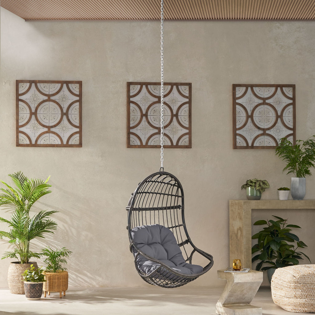 Rustic Hanging Basket Chair With Cushion