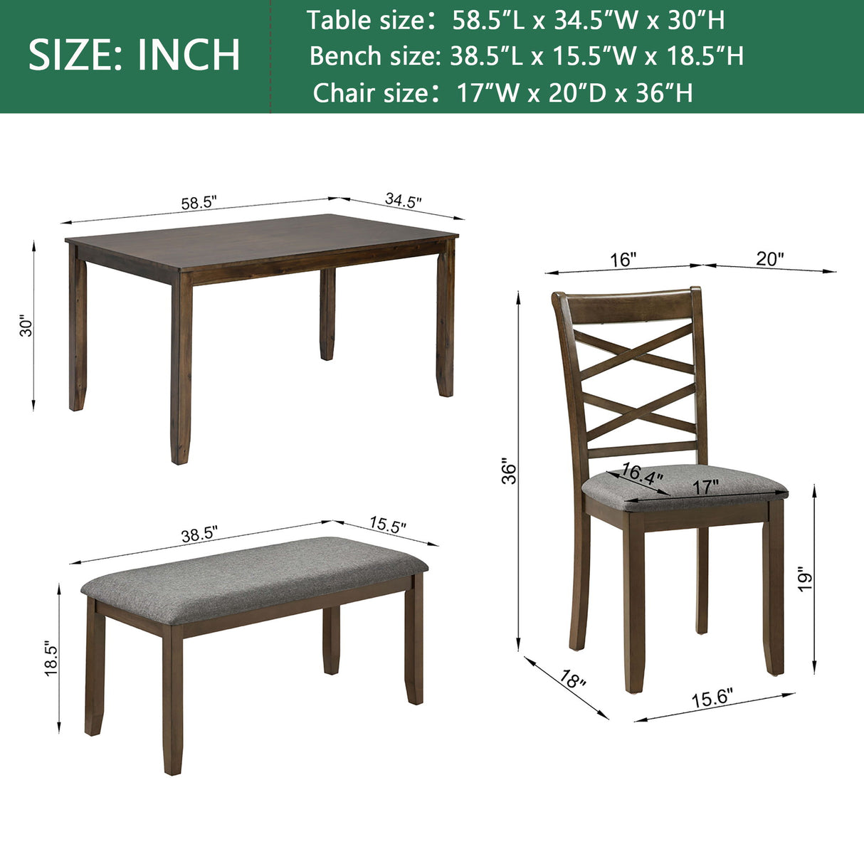 Elegant 6 Piece Dining Table Set With 4 Chairs And Bench