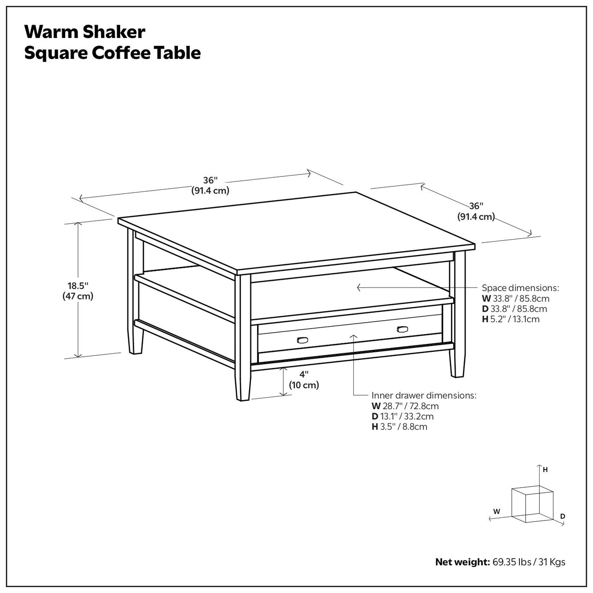 Warm Shaker - Square Coffee Table - Light Golden Brown
