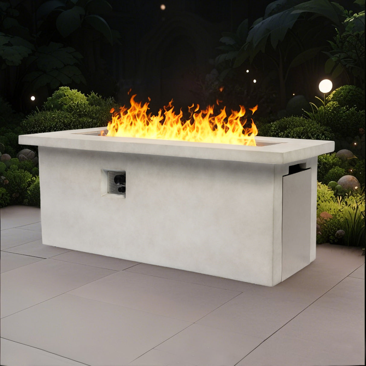 Concrete 60" Rectangular Propane Gas Fire Pit Table With 60000 Btu For Outdoor Spaces - Light Gray
