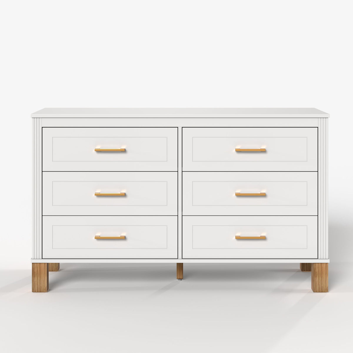 6 Drawer Double Dresser With Handles, Storage Cabinet - White