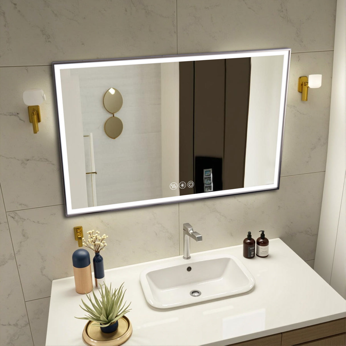 Modern LED Bathroom Vanity Mirror With Aluminum Frame, 45° Beveled Lights, Anti Fog - Silver