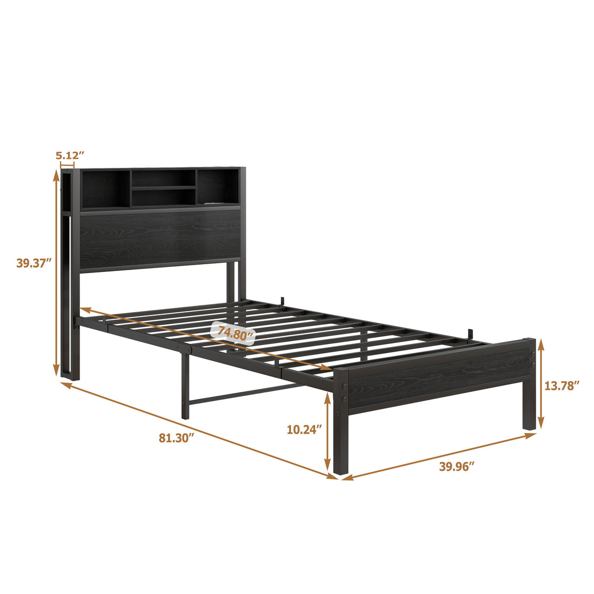 Modern Metal Platform Bed Frame With Storage Headboard And Charging Station