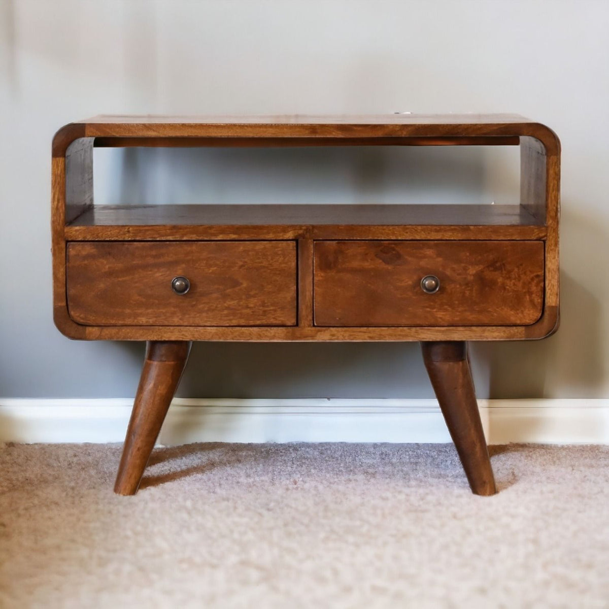 Mini Curved Media Unit With 2 Drawers - Chestnut
