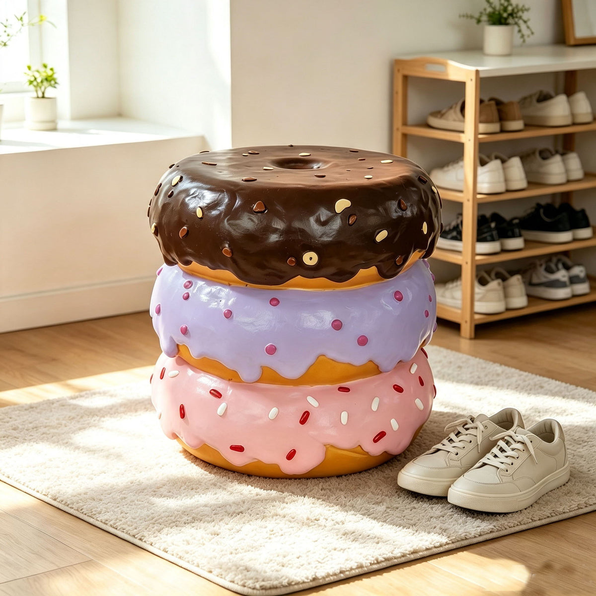Stacked Donut Stool With Sprinkles Detail, Figurine Seat For Indoor Outdoor Decor - Light Natural