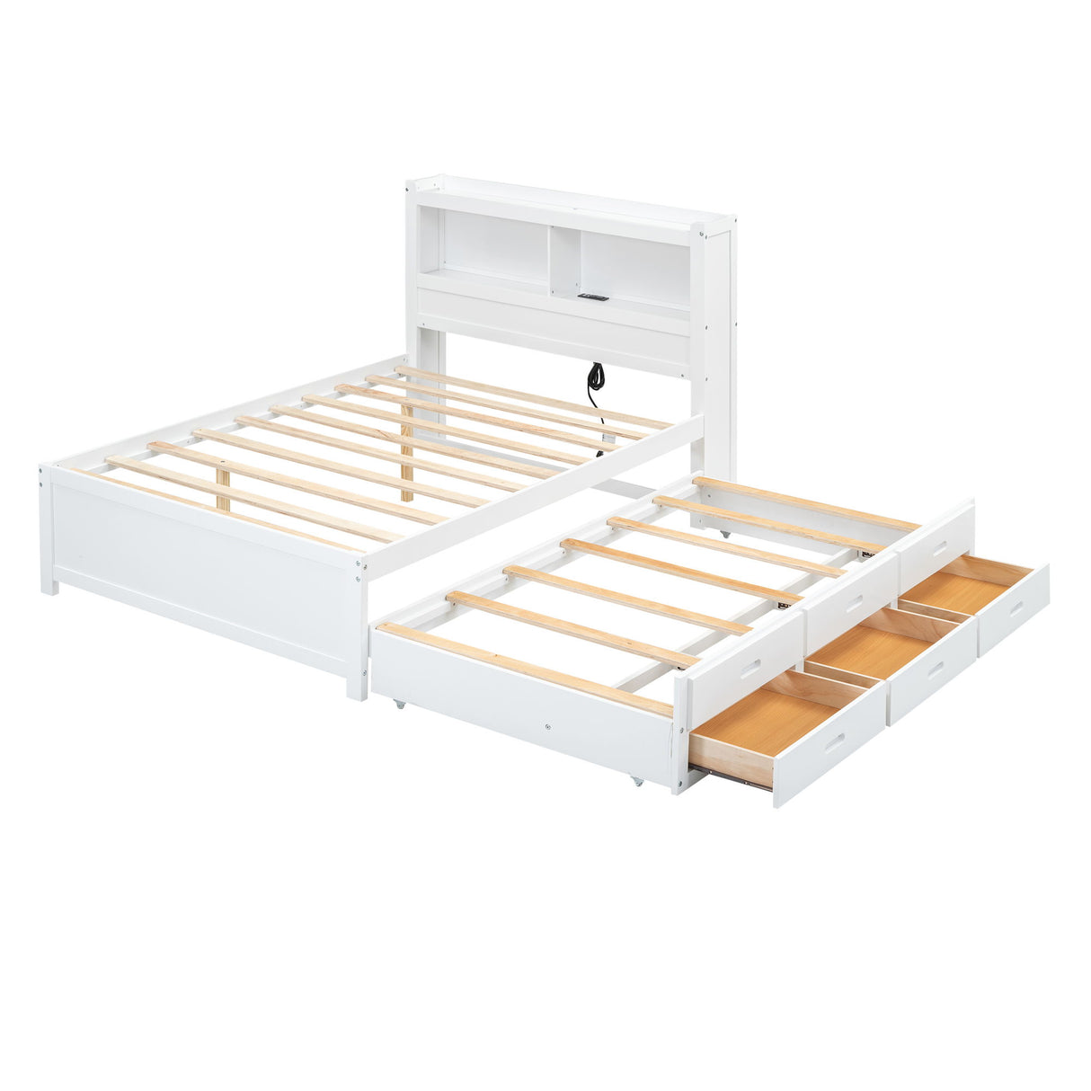 Platform Bed With Trundle, Drawers, USB Ports And Built In Shelves