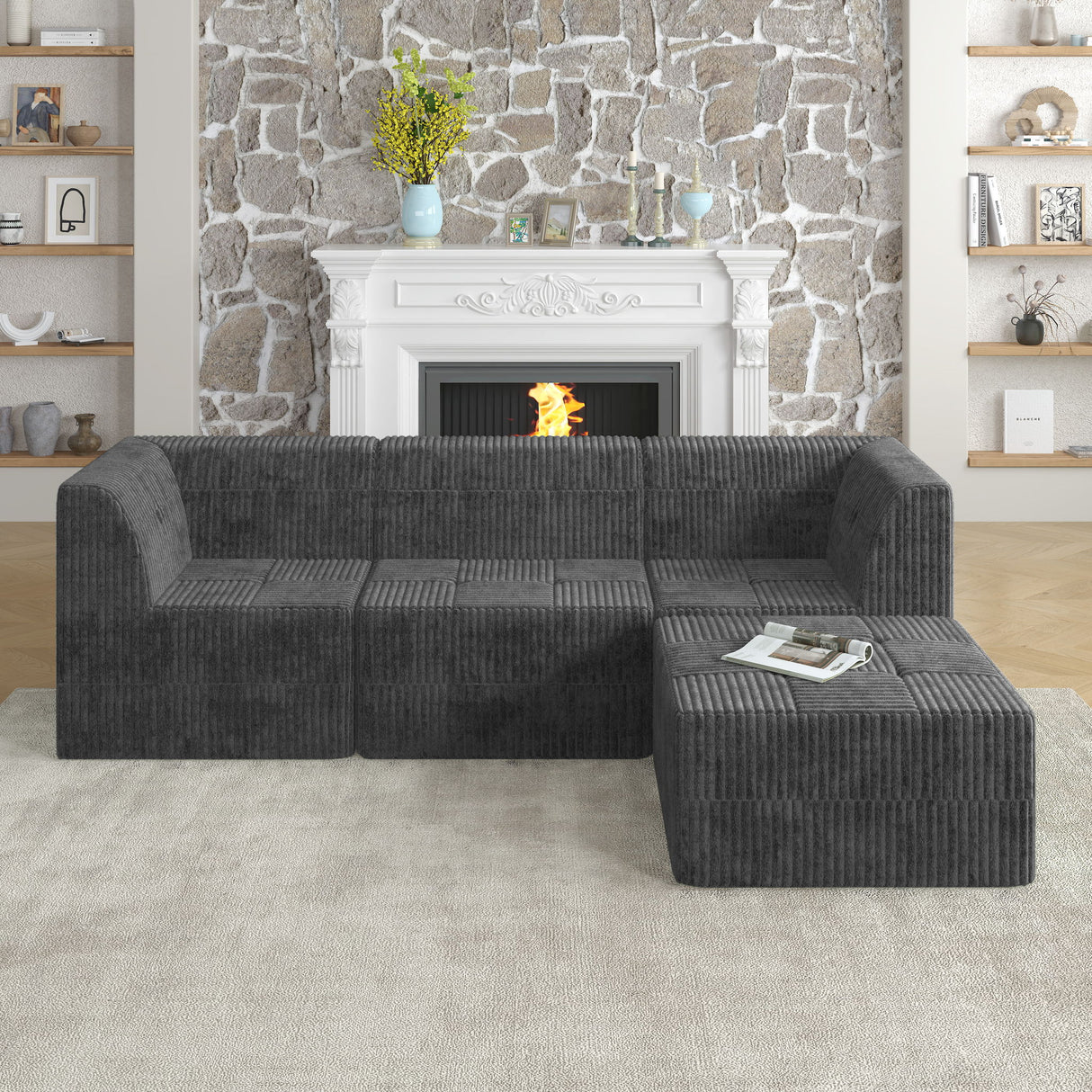 Modern Minimalist L Shape Modular Sectional Sofa, Sleeper Corduroy Couch