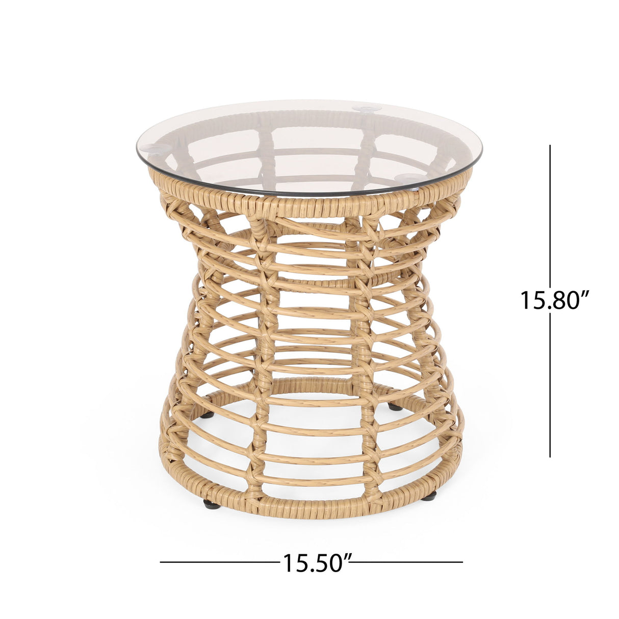 San Pedro - Boho Style Side Table With Tempered Glass Top - Light Brown Rattan