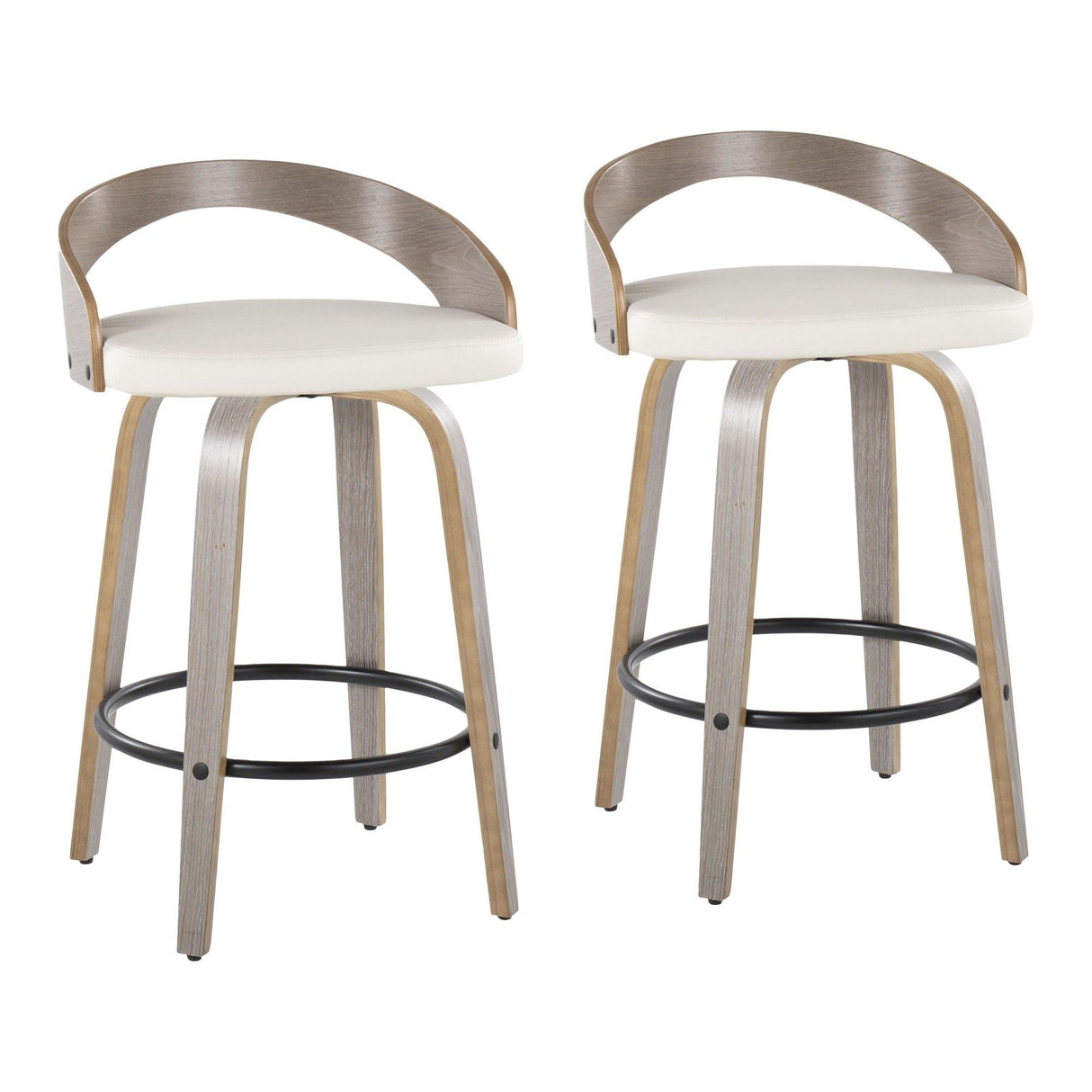 Grotto - Fixed-Height Counter Stool (Set of 2) - Light Gray Wood, White Faux Leather, Black Metal
