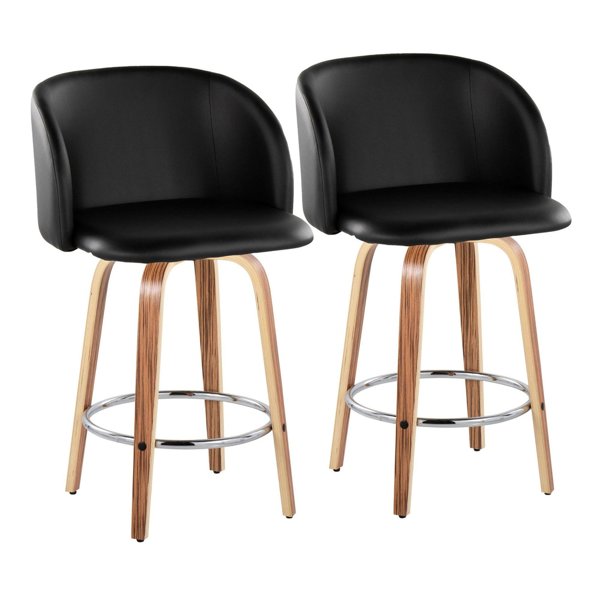Fran - 25" Fixed-Height Counter Stool (Set of 2) - Zebra Wood, Black Faux Leather, Chrome Metal