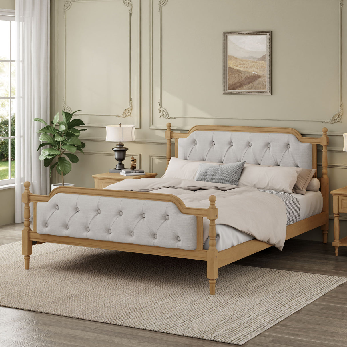 Traditional Style Solid Bed Frame With Upholstered Tufted Headboard, No Box Spring Needed