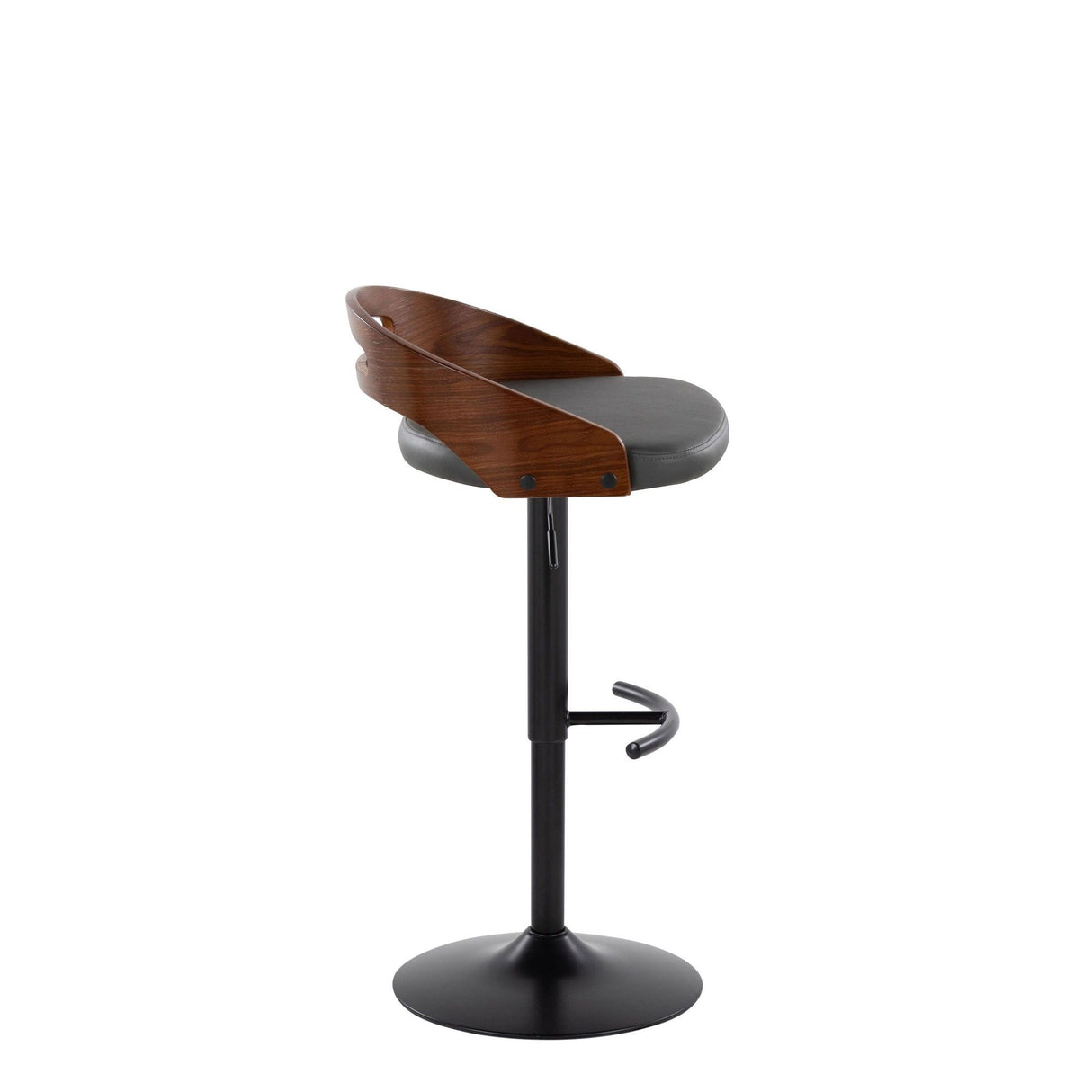 Cassis - Contemporary Adjustable Swivel Barstool (Set of 2) - Black Metal, Walnut Wood And Gray Faux Leather With Round T Footrest
