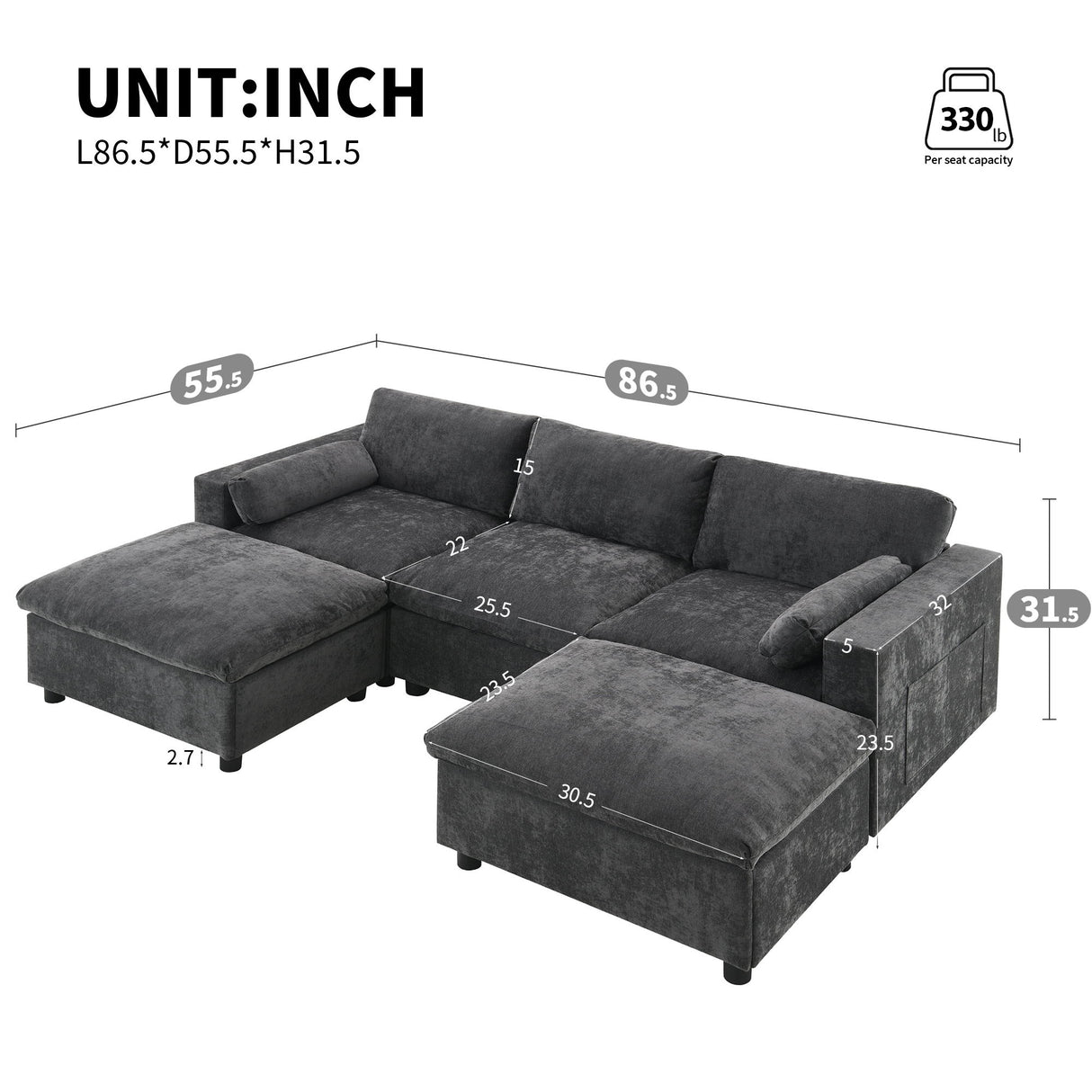 Modular Sectional With Storage Pockets, 5 Seat U Shaped Couch Set With Pillows, Free Combination Modern Cloud Sofa With 2 Movable Ottoman