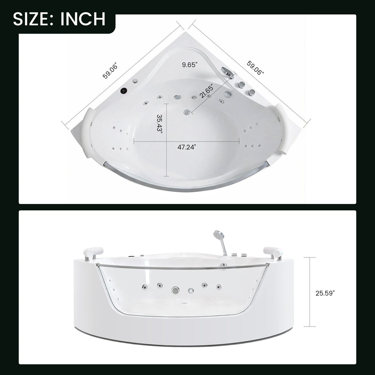 Korra - 2 Person Acrylic Corner Whirlpool Bathtub With Hydro Massage, Rainbow Light, Heater - Milk White