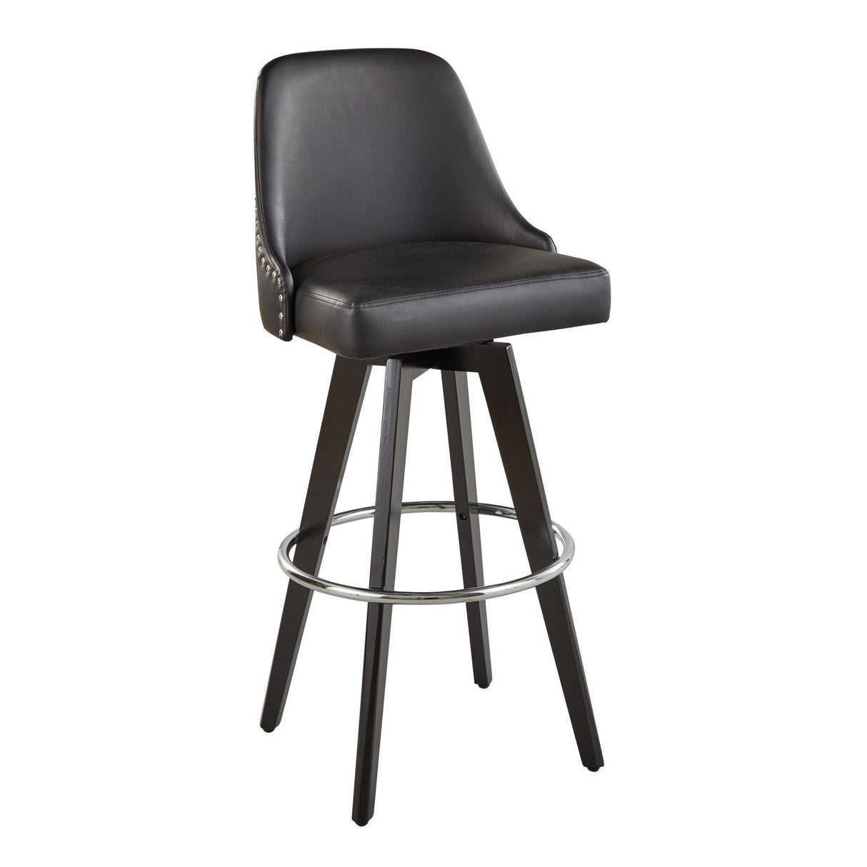 Studded - Marcel Fixed-Height Barstool (Set of 2) - Black Wood, Black Faux Leather, Chrome Metal