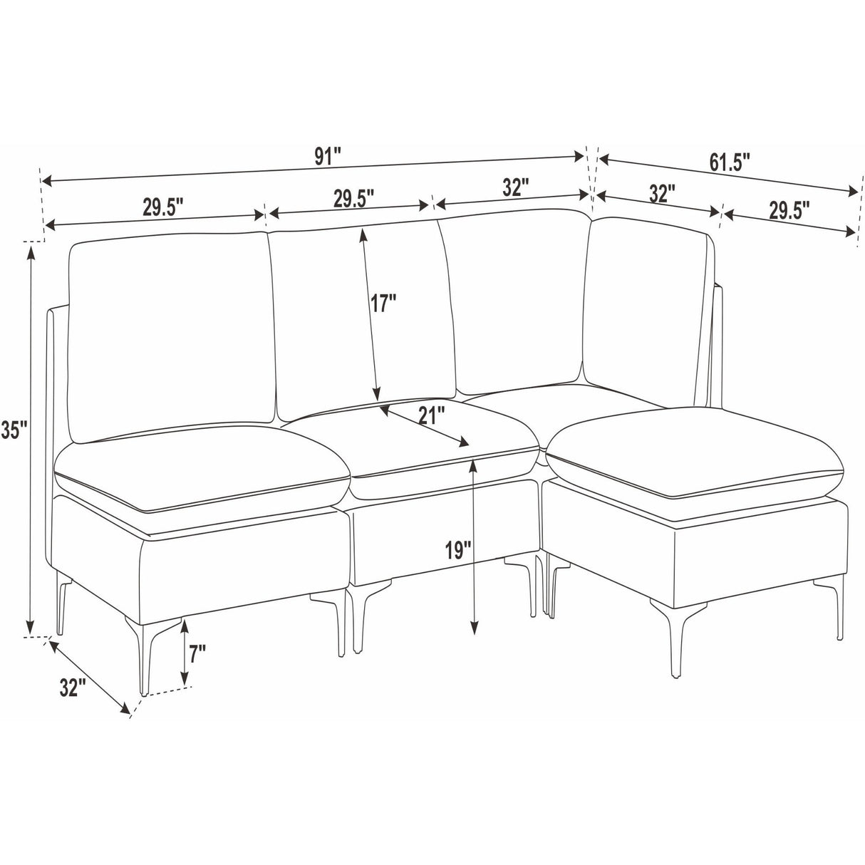 Upholstered Modular Sectional With Tall Legs, Medium Firm Seat