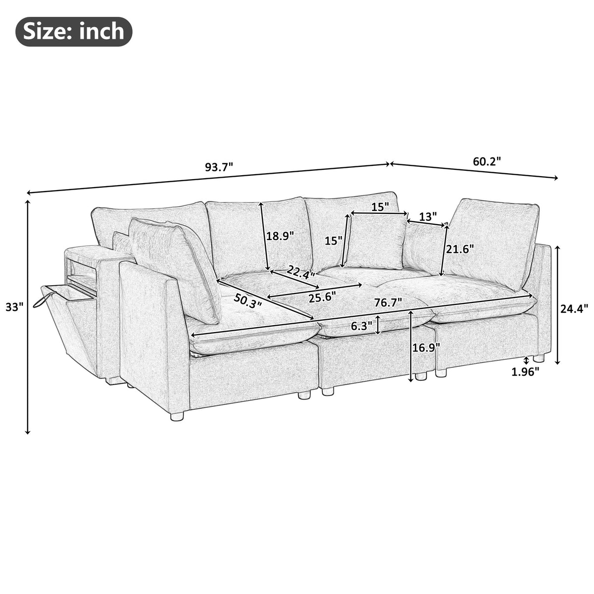 Sectional Modular Sofa, U-Shaped With Movable Ottoman, Storage Armrests And USB Ports - Beige