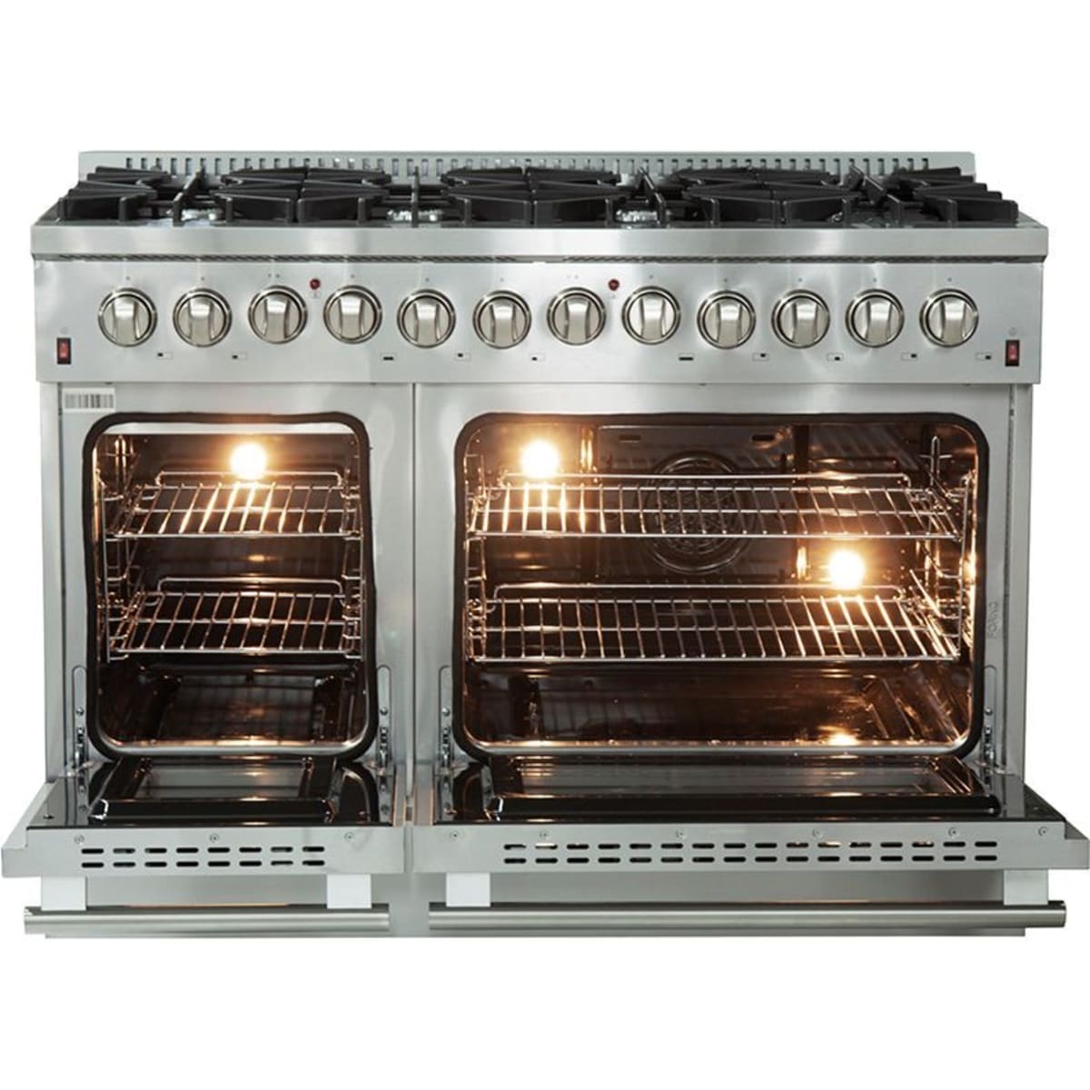 Forno Galiano FFSGS615648 48 Inch Freestanding Dual Fuel Range with 8 Sealed Burners, 6.58 cu. ft. Total Capacity, Continuous Cast Iron Grates, Griddle, and LP Conversion Kit Included: Stainless Steel