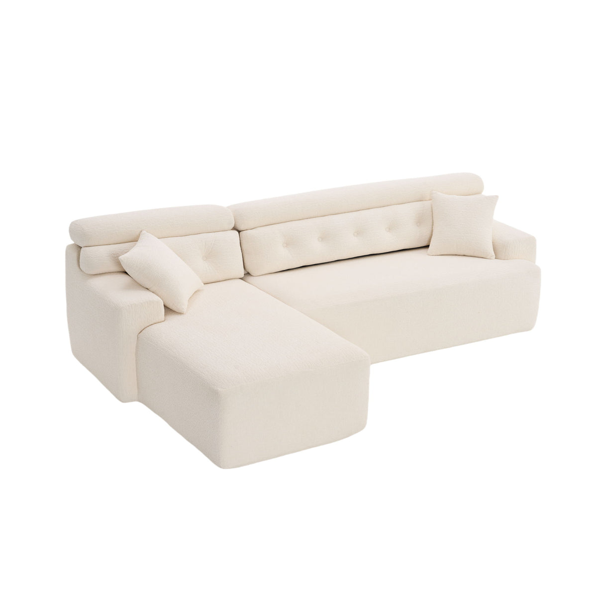 Ly 029B Convertible Chaise Sectional Sofa Full Compression Sponge Modular Couch Cloud 3 Seater Wood Grain Chenille 2 Pillows - Antique White