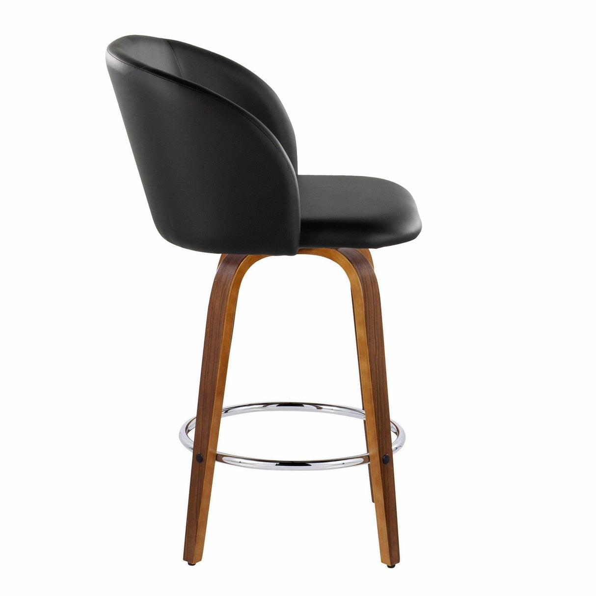 Fran - 25" Fixed-Height Counter Stool (Set of 2) - Walnut Wood, Black Faux Leather, Chrome Metal