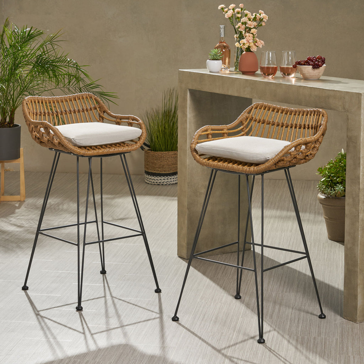 Outdoor Rattan Bar Chair With Metal Legs - Brown