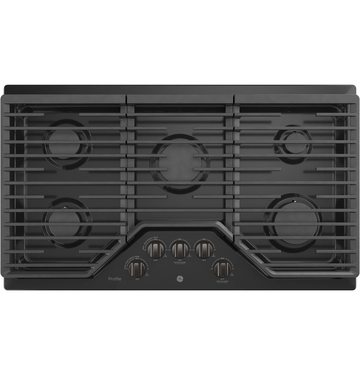 GE Profile PGP7036BMTS 36 inch built-in gas cooktop in black stainless steel top view