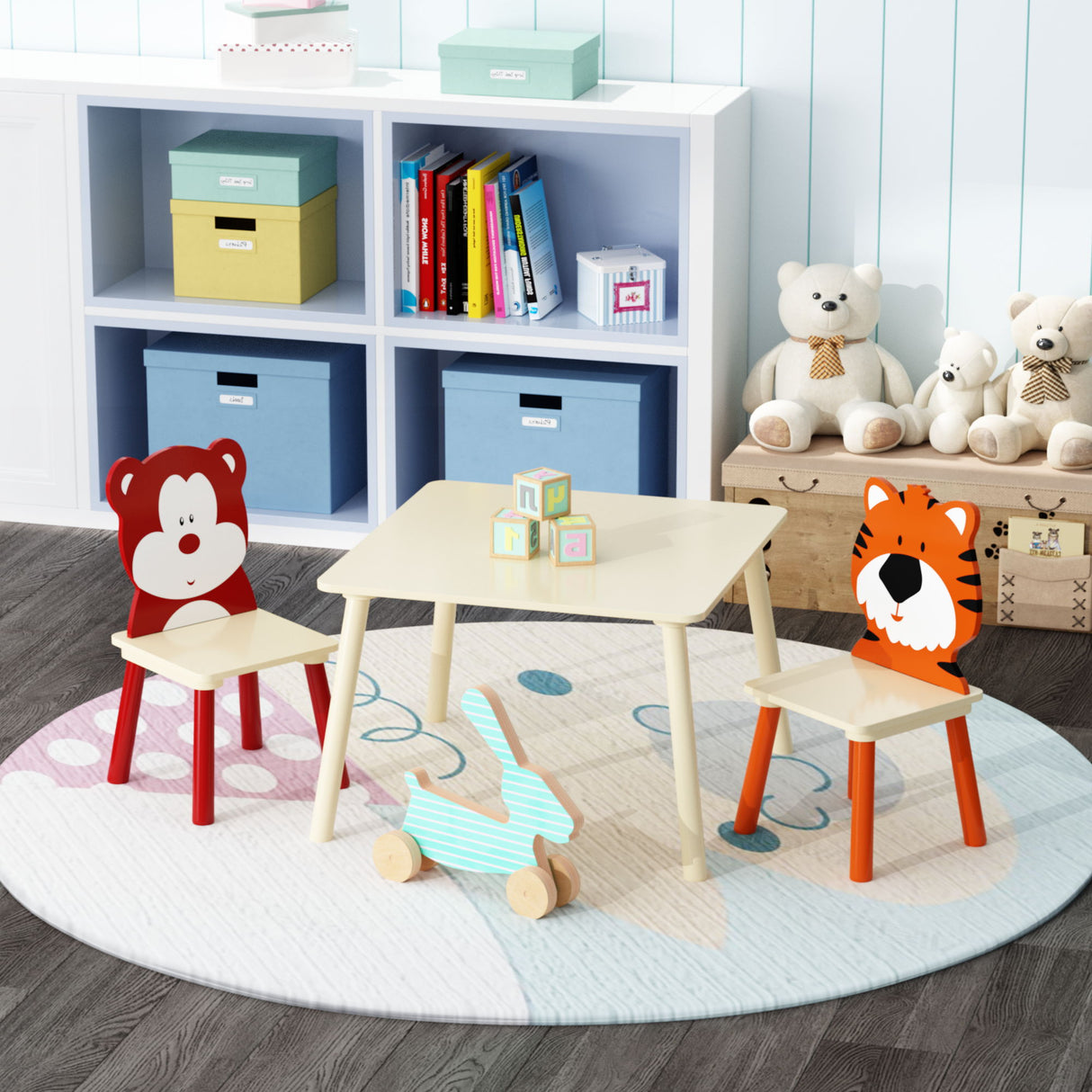 Table And 2 Chairs Set, Activity Play Table Set With Bear & Tiger Design - Natural