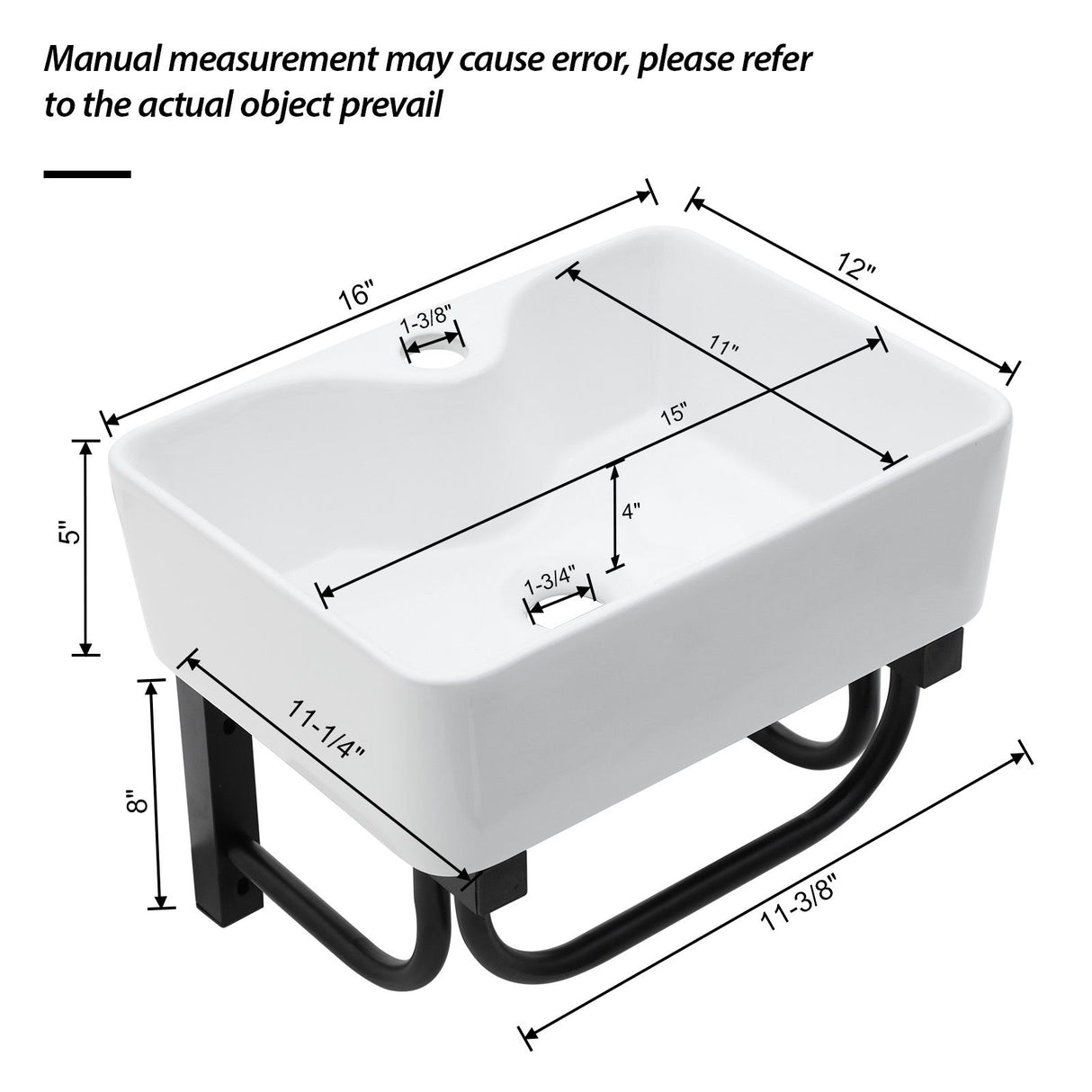 Rectangular Bathroom Sink With Towel Bar & Faucet Hole, Wall Mounted - White