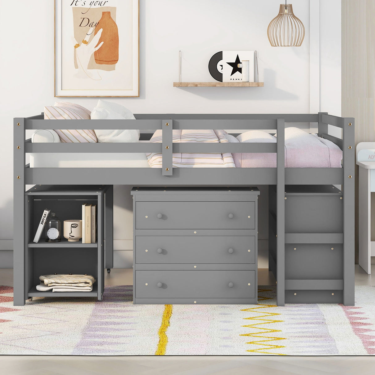 Loft Low Study Bed With Cabinet, Shelves And Rolling Portable Desk, Multiple Functions