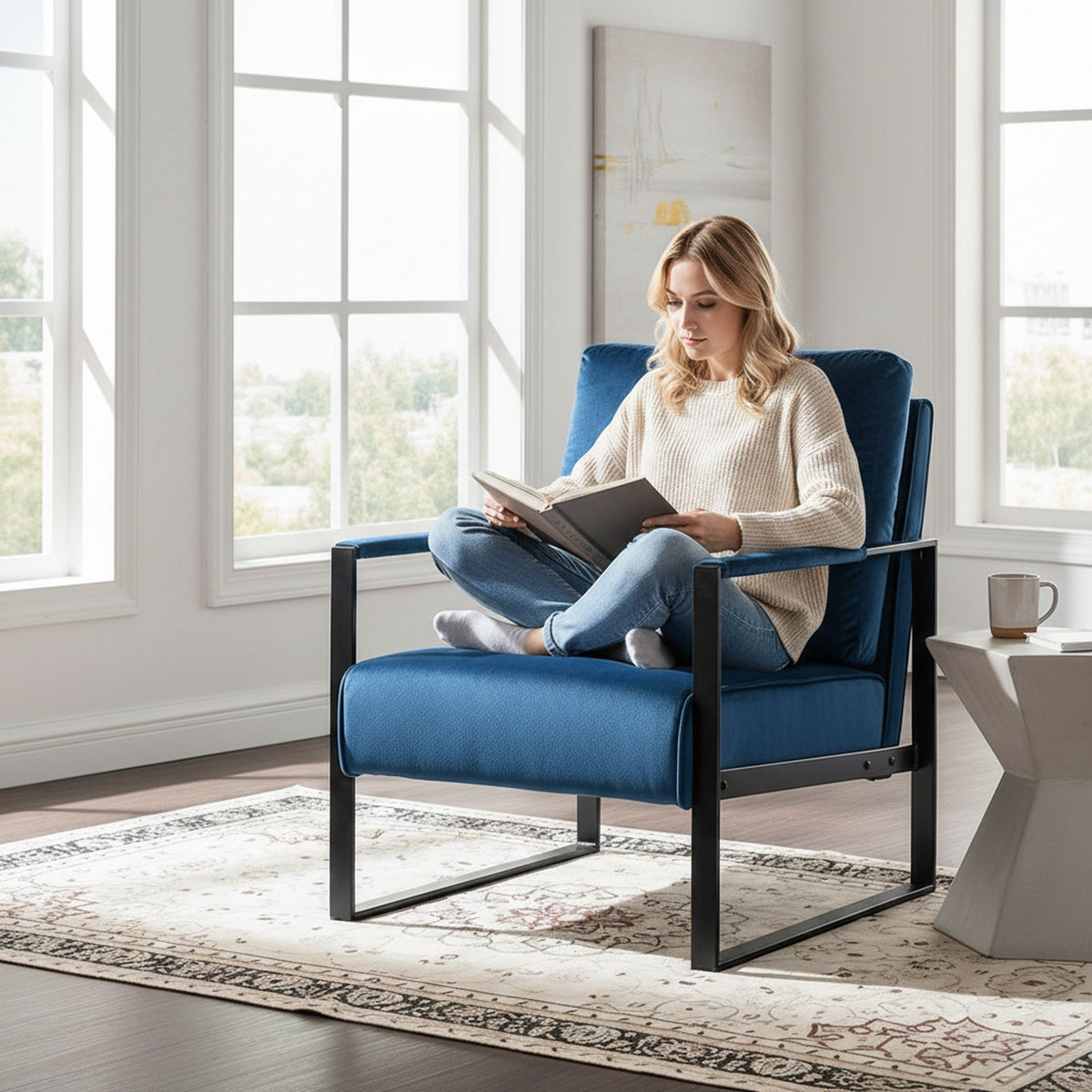 Classic Mid Century Modern Accent Chair With Durable Square Metal Frame, Armchair