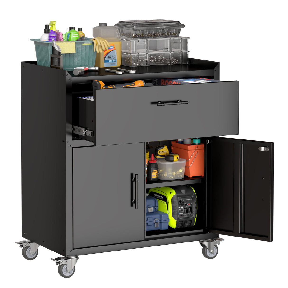 Rolling Metal Tool Storage Cabinet, Lockable Garage Storage Cabinet, Locking Metal Storage Cabinet With Wheels, Rolling Tool Chest, Assembly Required - Black