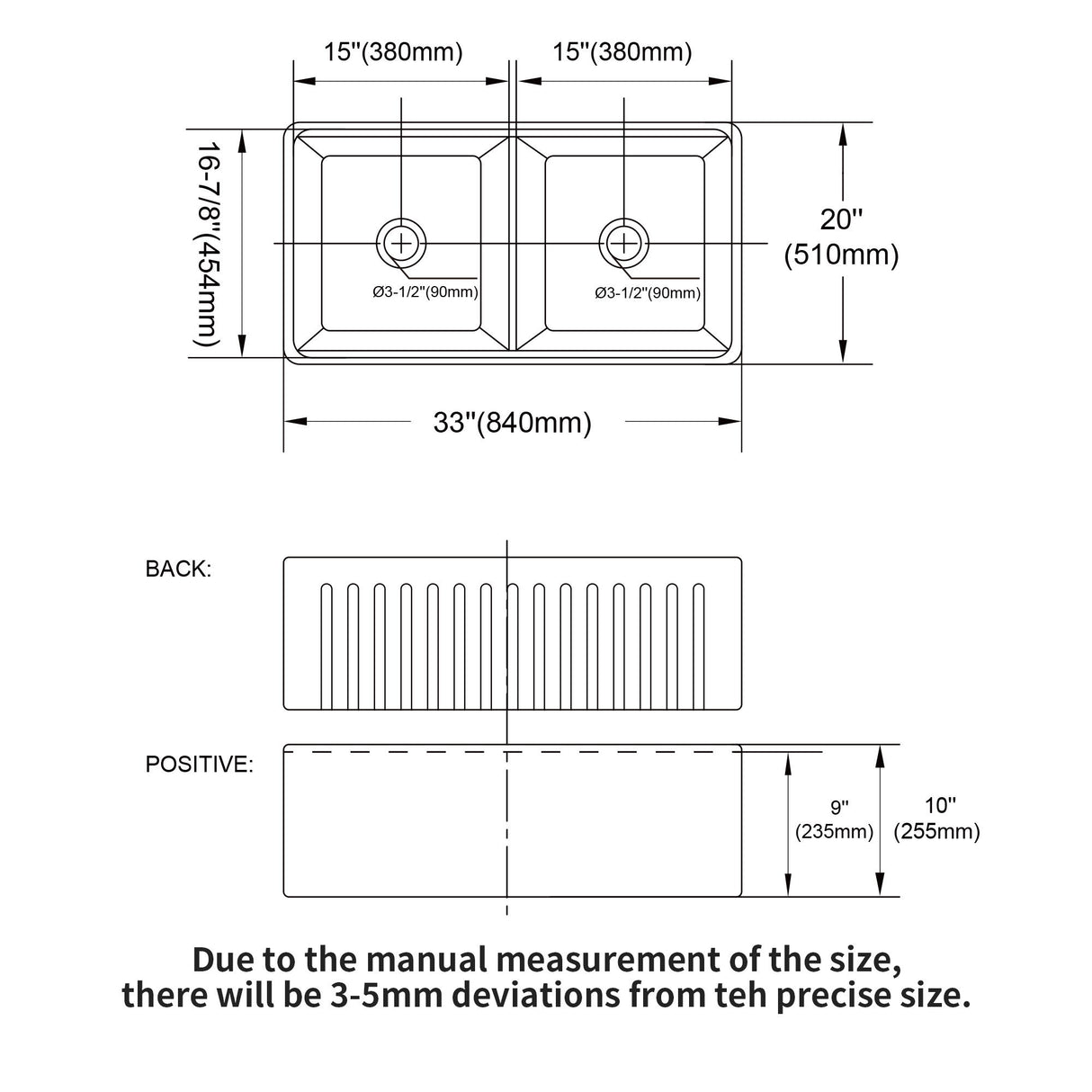Farmhouse Sink Workstation 33" Ceramic Double Bowl Kitchen Sink With Ledges - White
