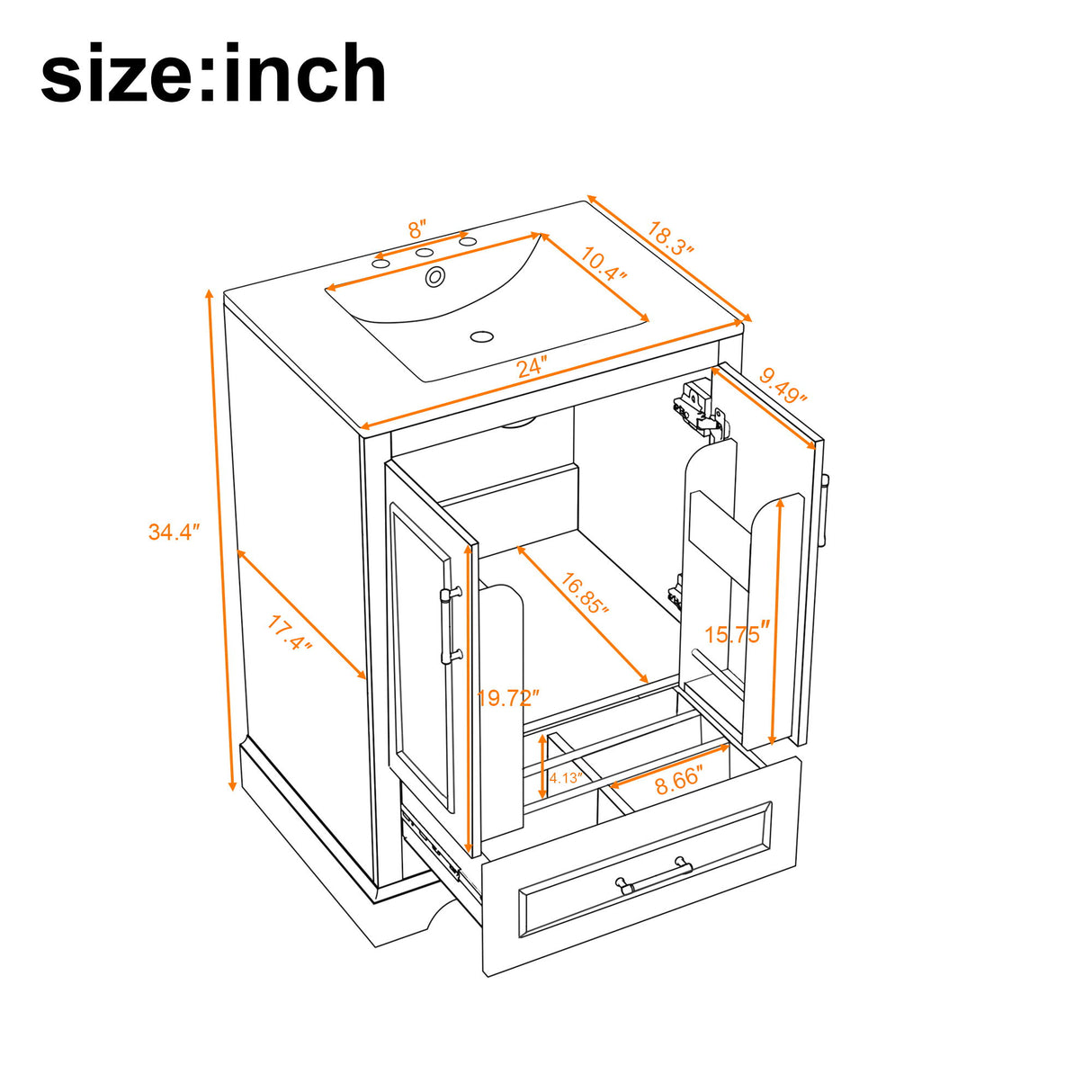 Bathroom Vanity With Sink, 1 Divided Drawer And 2 Soft Close Doors With Double Shelf