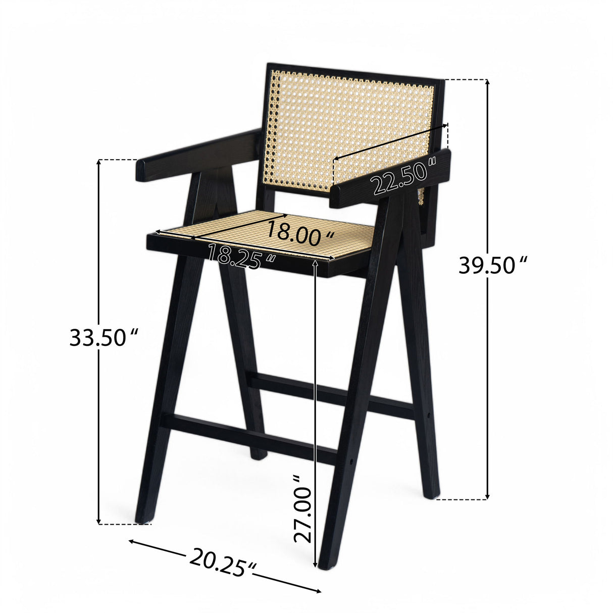 Modern Minimalist Bar Stool With Cane Seat - Black / Natural