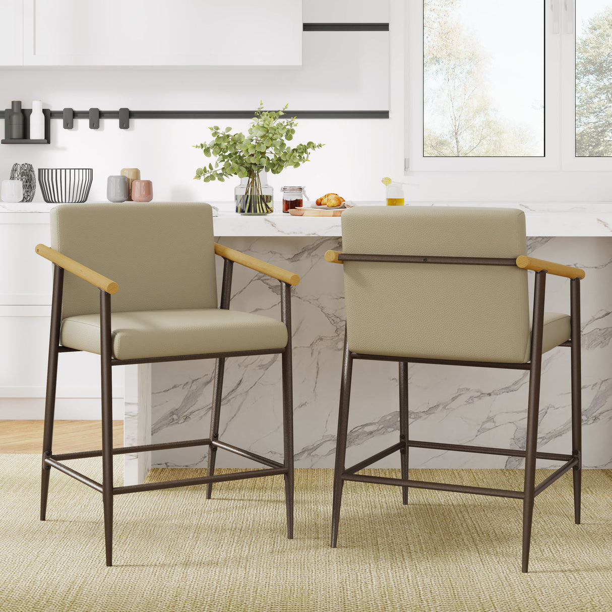 Mid Century Modern Counter Stool Set With Espresso Metal Frame - Khaki