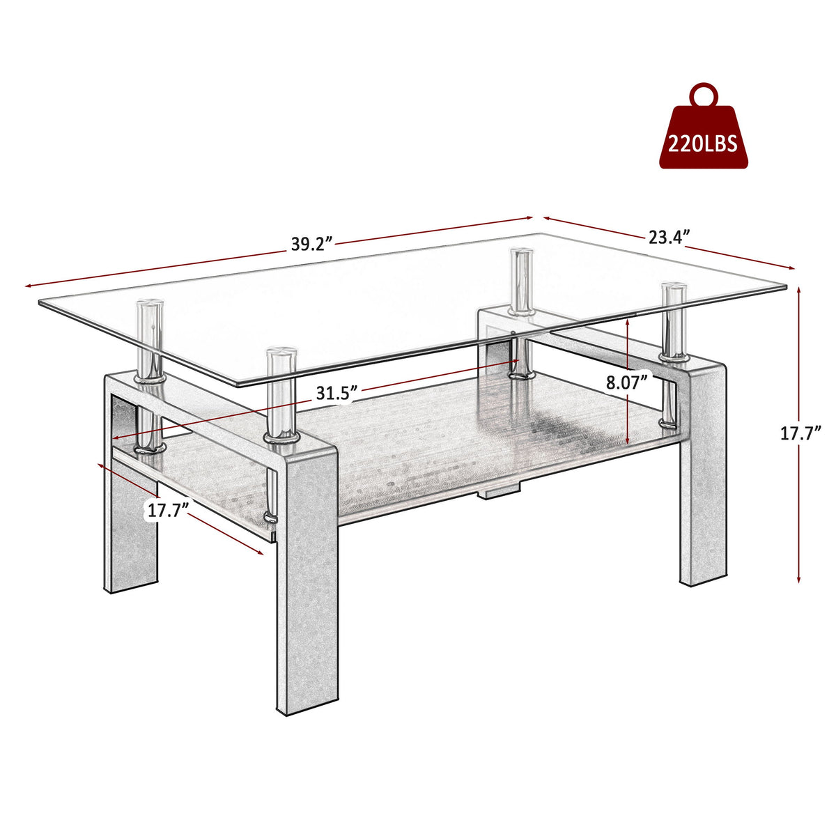 Modern Rectangular Coffee Table With Tempered Glass Top