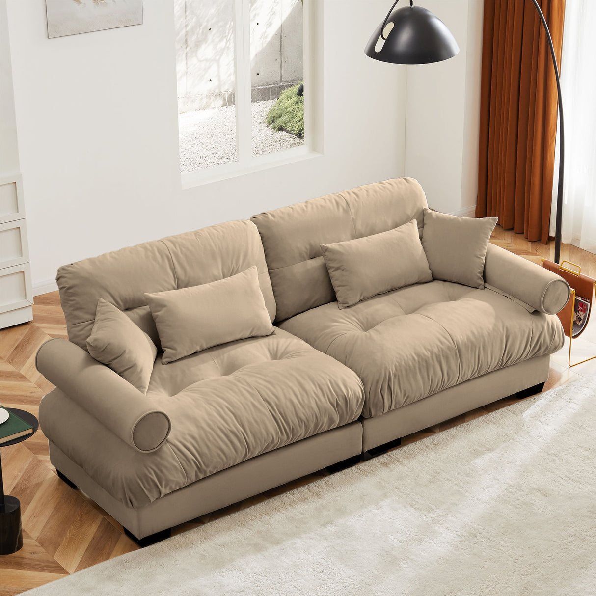 Modern Sofa With Bolstered Armrests And Pillows
