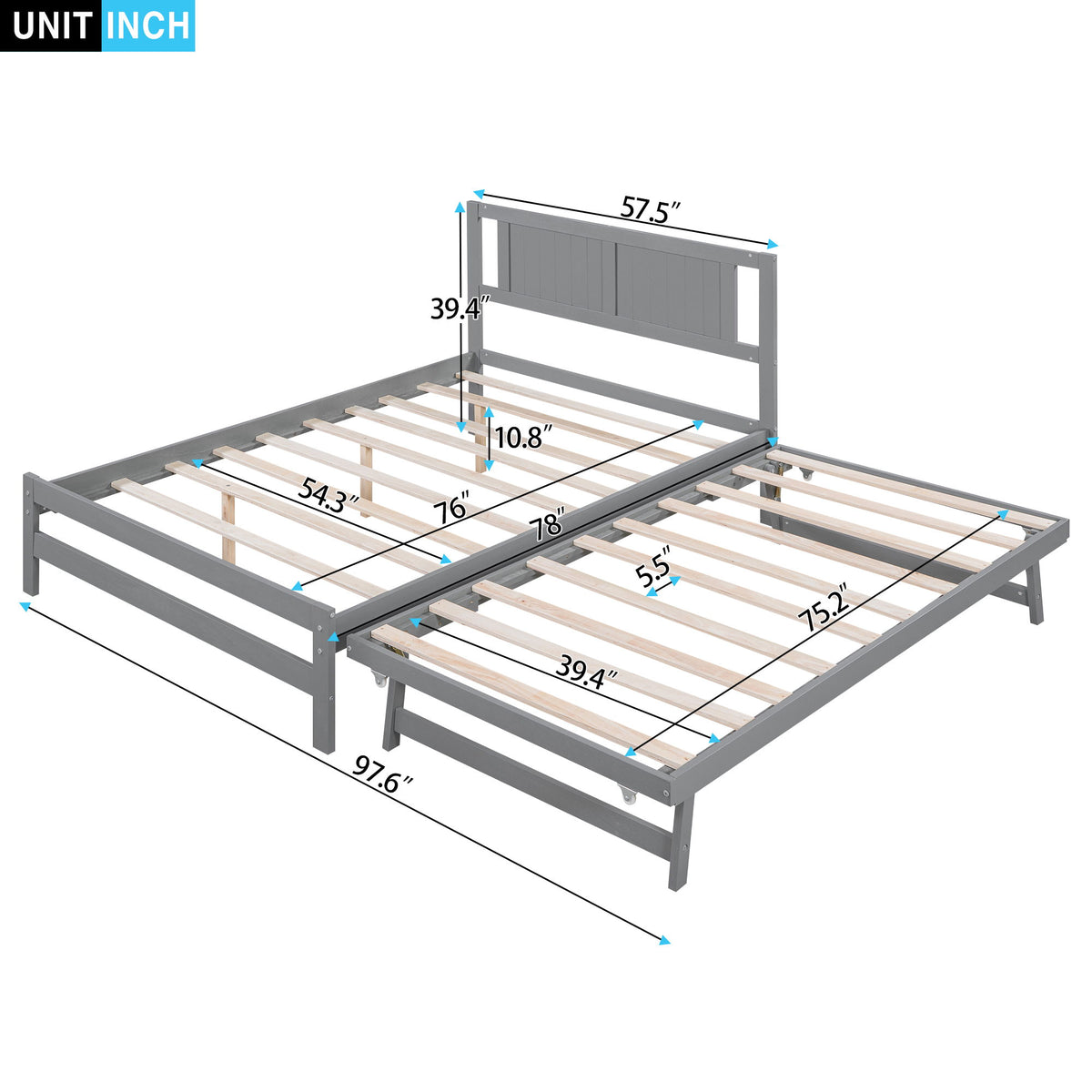 Full Size With Adjustable Twin Trundle Platform Bed - Gray