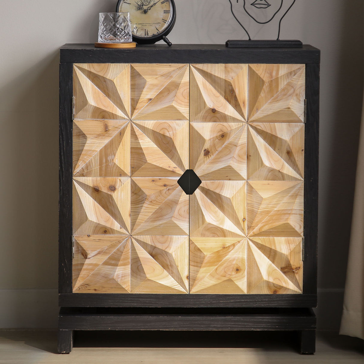 2 Door Accent Storage Cabinet With Diamond Handle - Black / Natural