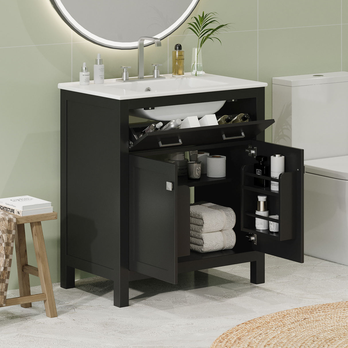 Bathroom Vanity With Ceramic Sink, Modern Single Bathroom Cabinet With 2 Doors And A Shelf, Soft Close Doors
