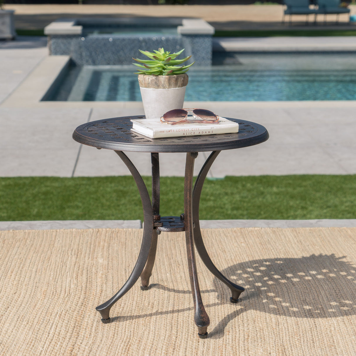 Lunaire - Outdoor Round Cast Aluminum Side Table With Lattice Top And Curved Legs - Bronze