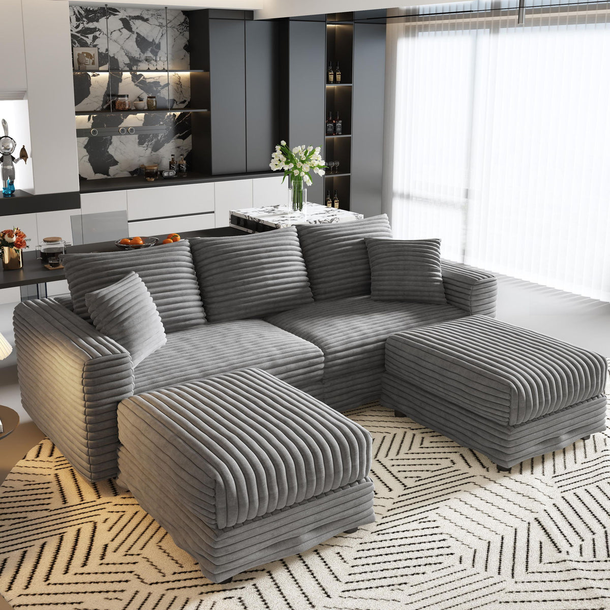 Deep Seat Convertible Sofa With Soft Pillows And Ottomans