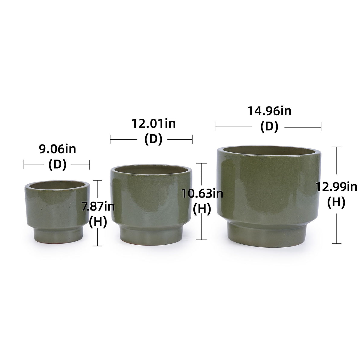 3 Pieces Ceramic Flowerpot, Planter For Patio, Garden Or Windowsills - Antique Light Green