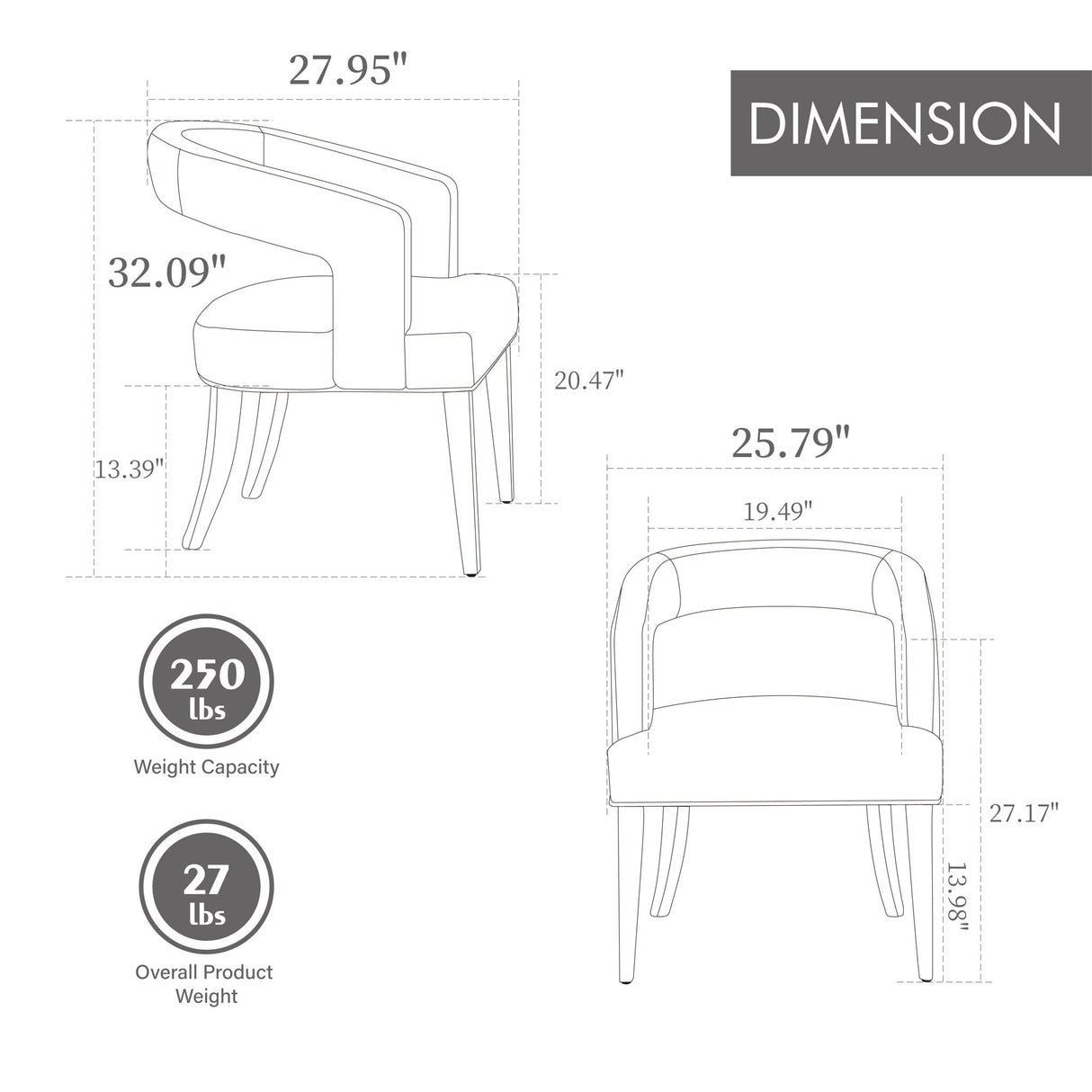 Wide Modern Barrel Open Back Upholstered Accent Chair With Weathered Solid Wood Legs