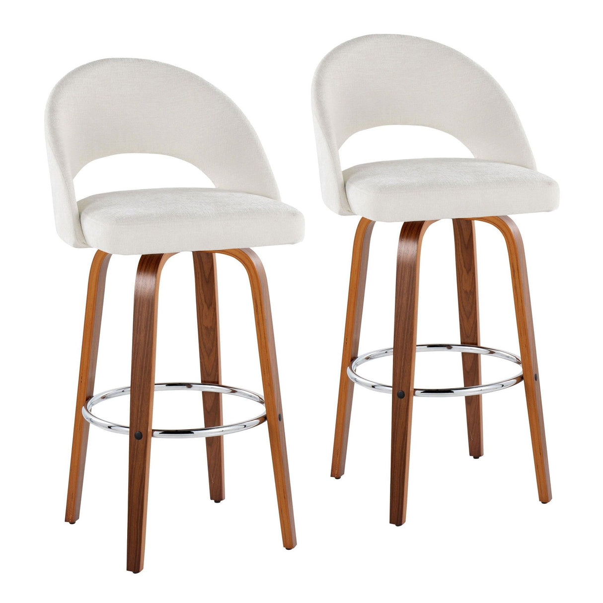 Renee - Upholstered Fixed-Height Barstool (Set of 2) - Walnut Wood, Chrome Metal