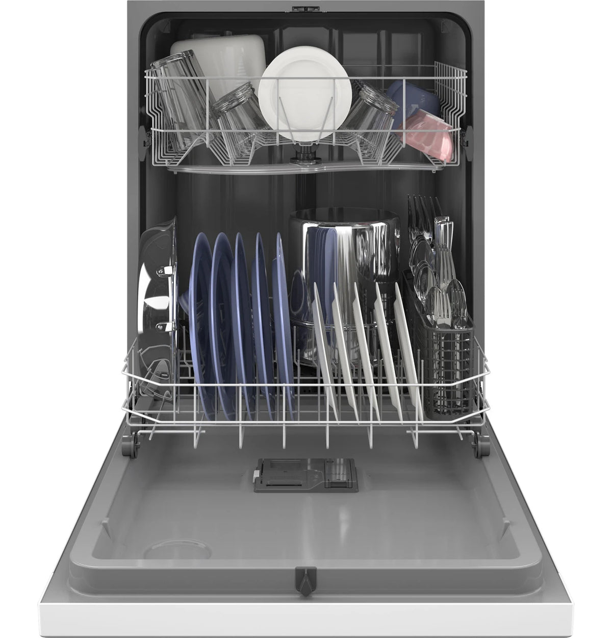 GE GDF450PGZWW dishwasher loaded interior