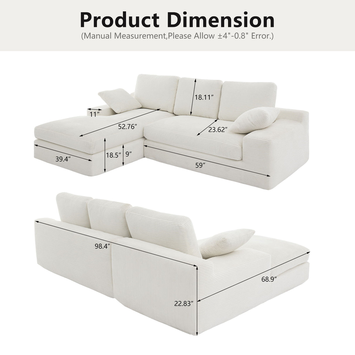 Compressed Sofa With 3 Back Cushions, 2 Throw Pillows